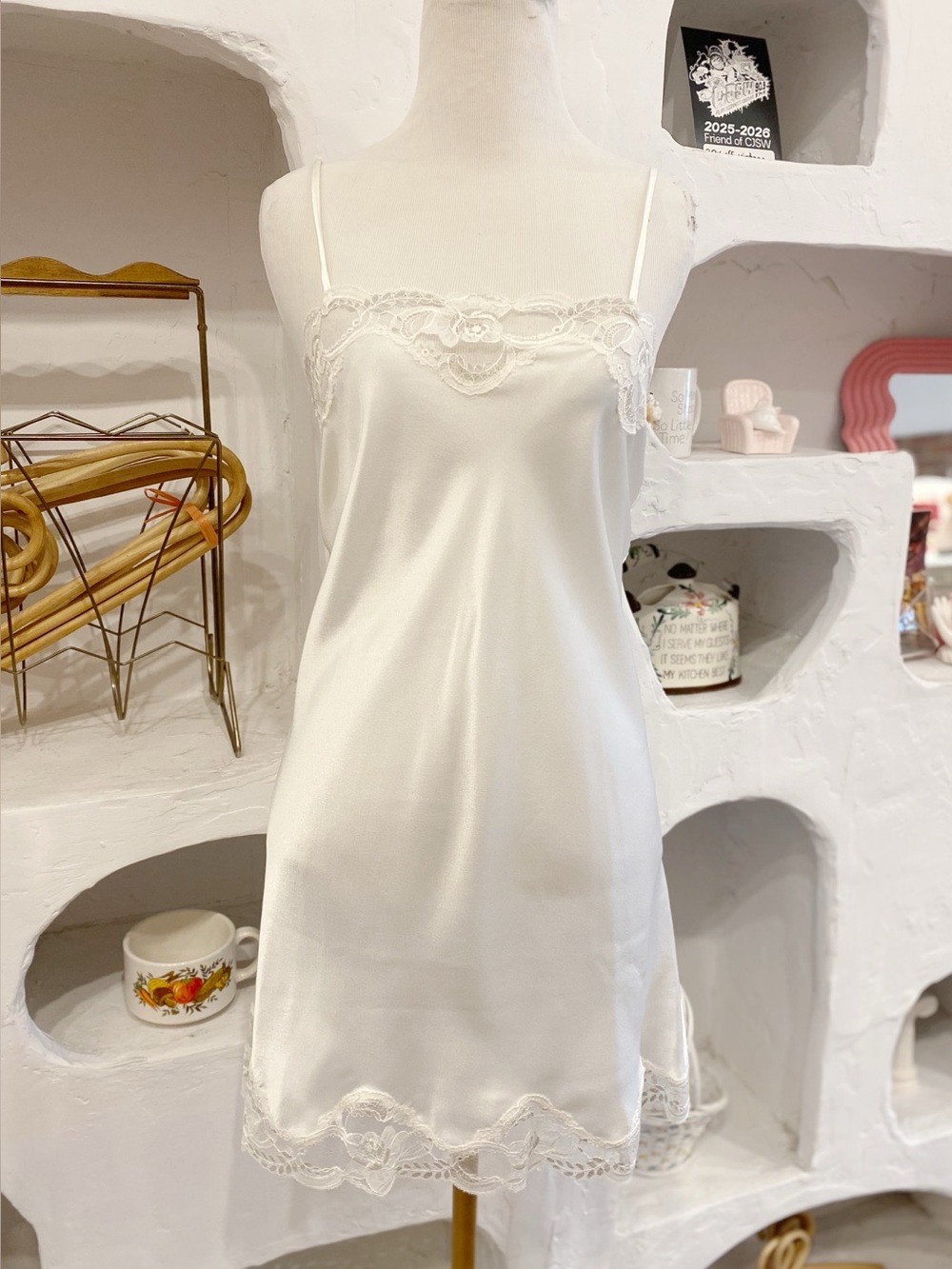 Vintage White Satin Mini Slip Dress with Lace Trim & Spaghetti Straps